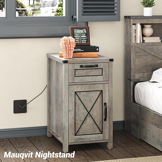 Maupvit End Table with Charging Station, Farmhouse End Table Narrow Side Table for Living Room, Sofa Side Table with Drawer and Storage Cabinet, Small Nightstand for Bedroom (Retro-Grey)