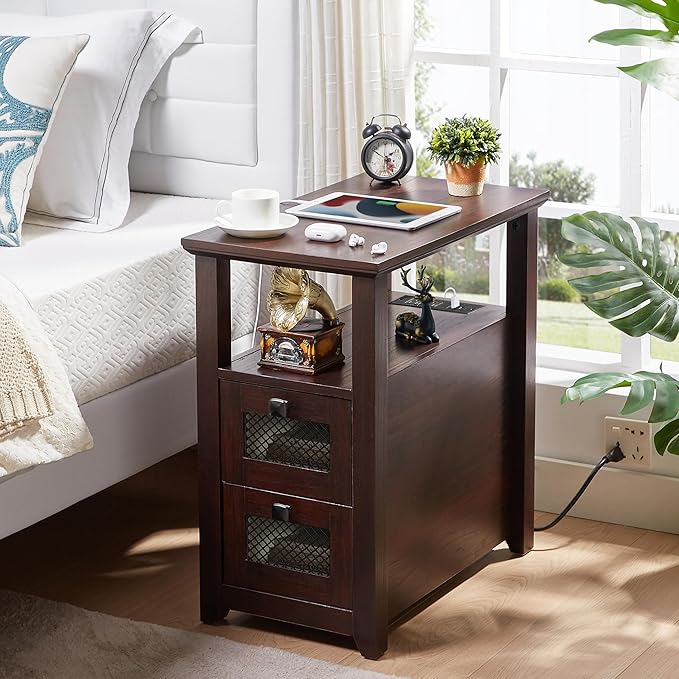 Farmhouse XXL End Table with Charging Station, Narrow Side Table with USB Ports and Outlets, Nightstand with 2 Drawers Storage, Bedside Tables for Living Room, Bedroom, Rustic Cherry