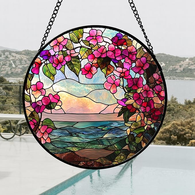 Stained Glass Window Hanging, Purple Flower Landscape Wreath Sun Catcher for Door Home Decor Plants Suncatcher Christmas Mother's Day Birthday Gifts for Women Men Mom Nana 7.8 in