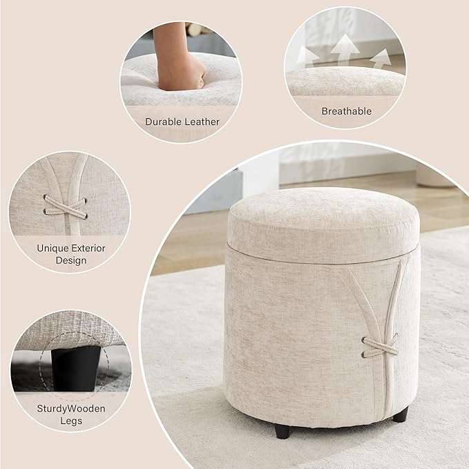 16.5 inch Tufted Small Round Storage Ottoman, Modern Upholstered Ottoman with Soft Padded Seat, Chic Round Vanity Foot Stool with Removable Lid,Light Brown