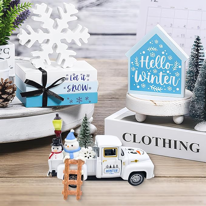 Let It Snow Winter Snowflake Decorations Farmhouse Metal Truck with Mini Snowman Xmas Tree Figurines Christmas Table Decorations Indoor Holiday Winter Tiered Tray Decor for Home Kitchen Party Favor