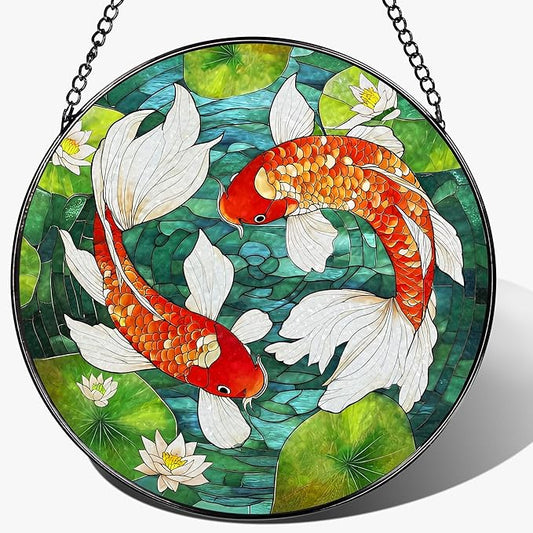 8-Inch Koi Fish Stained Glass Suncatcher Ornament, Stained Glass Window Hanging, Window Hanging Decor – Mother's Day, Christmas, Birthday | Gifts for Parent, Friend, Newlywed, Coworker | Holiday Decor