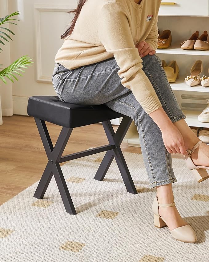 IBUYKE U-Shaped PU Vanity Stool, Square Makeup Chair with X-Leg, Ottoman Seat Footrest Stool, Multi-Use as Small Side Table, for Bedroom, Living Room, Black WBD019B