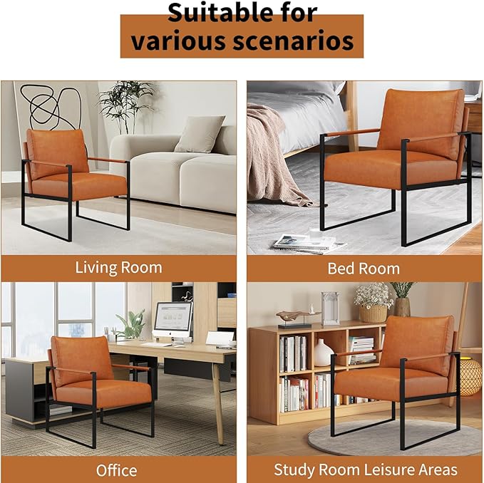 CANMOV Modern Accent Chair Set of 2, PU Leather Armchair with Metal Frame,Comfy Single Reading Chair with Soft Padded Backrest and Cushion for Living Room, Bedroom,Reading Room,Office,Brown