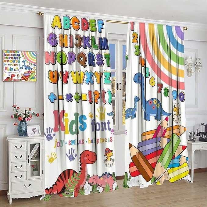 BAEKJIN Dinosaur Alphabet Curtains，Numeration Table and Catoon Dinosaur Pattern Print Decor Window Drapes for Kids Bedroom Living Room 42x45 Inch