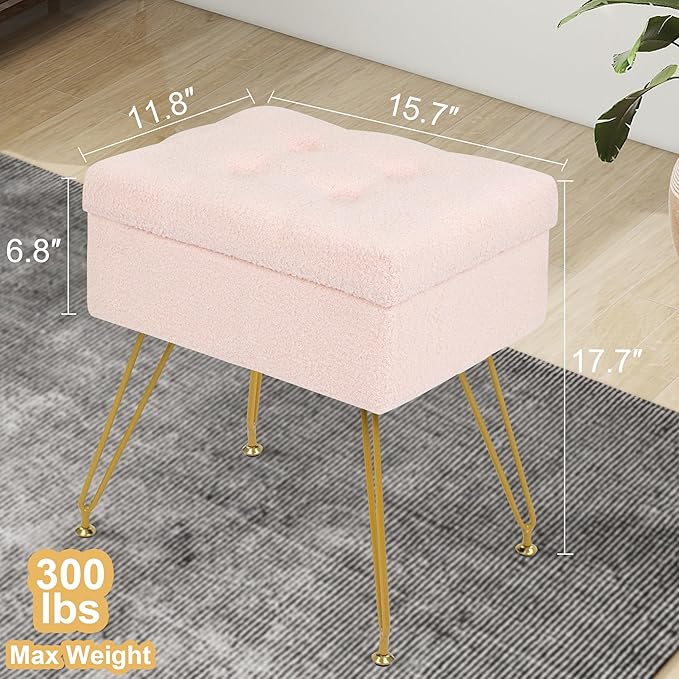 Vanity Chair with Storage, 15.7" L x 11.8" W x 17.7" H Teddy Velvet Vanity Stool with Coffee Table and Metal Legs, Multifunctional Makeup Stool for Vanity, Bedroom, and Living Room, Pink