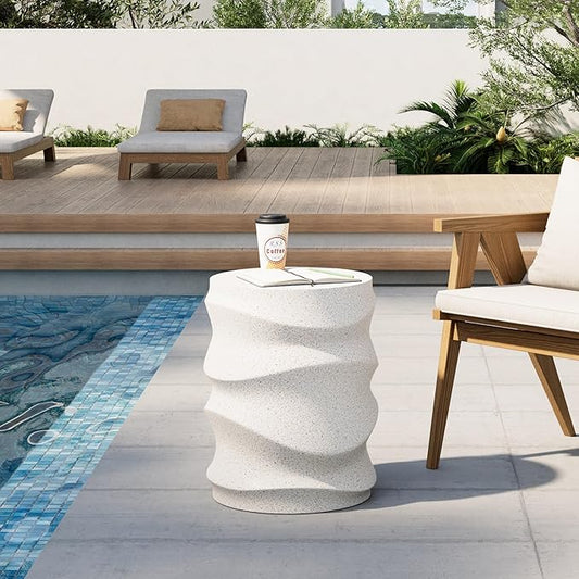 HOMPUS Outdoor Side Table, Patio End Table w Water Wave, Unique MgO Round Lightweight Concrete Accent Table, Modern Vintage Plant Stand Garden Tool for Indoor Outdoor Use, Warm White