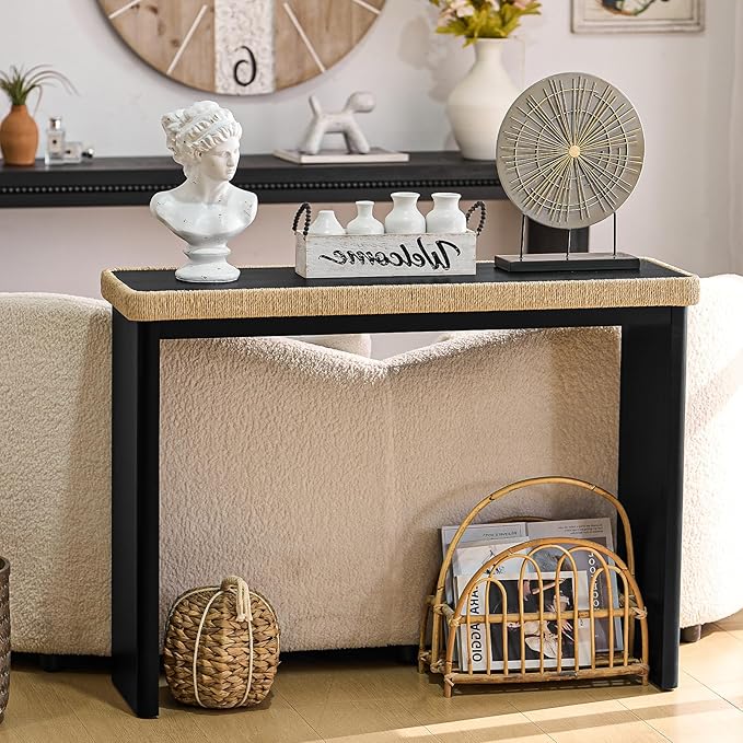 43" Wood Console Table for Entryway, Farmhouse Narrow Entry Tables with Rattan Decor, Boho Skinny Couch Table Behind Sofa for Living Room, Hallway, Foyer, Black