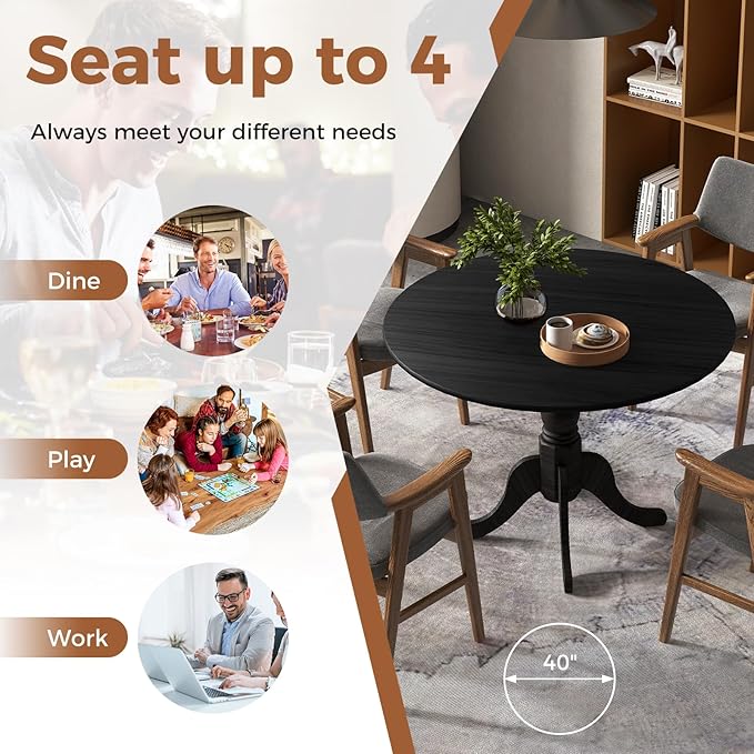 Giantex Round Dining Table, 39" D X 29" H, Rubber Wood Pedestal Table W/Round Tabletop & Curved Trestle Legs, 4-Person Dinner Table for Kitchen, Dining Room, Restaurant (Black)