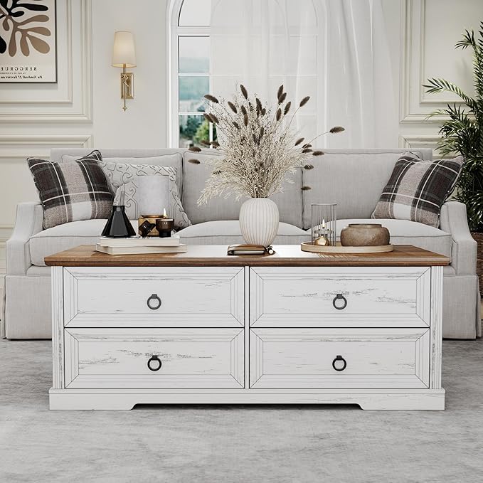 Farmhouse Coffee Table with Drawers 47 in Living Room Tables with Storage, Wooden Rustic Center Table for Reading Playing Room Home Accent Table for Dining Room Apartment, Antique White Walnut
