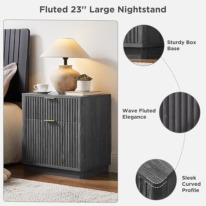 T4TREAM 23'' Fluted Nightstand Set of 2 with Charging Station, Large 2 Drawer Side Table, Modern End Table with Storage, Mid Century Bedside Table for Bedroom, Living Room, Curved Profile, Dark Alder