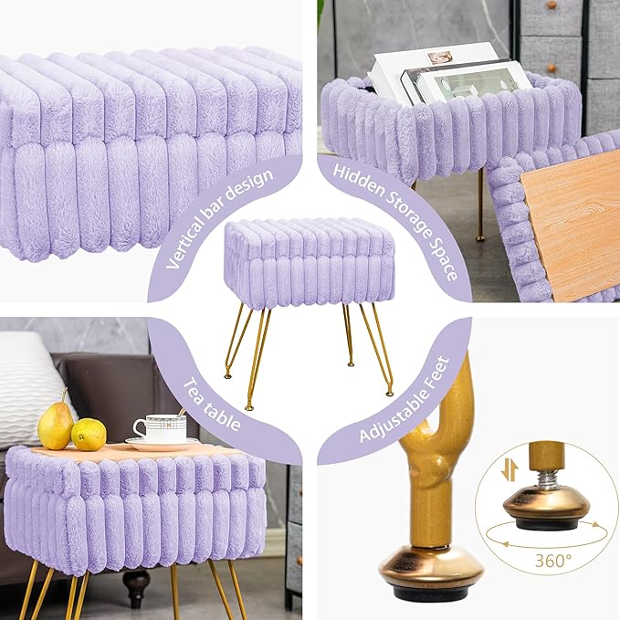 Faux Fur Vanity Stool Chair with Storage Ottoman, Vanity Chair for Makeup Room, Vanity Stools for Bedroom, Footrest with Metal Legs and as a Coffee Table, Purple