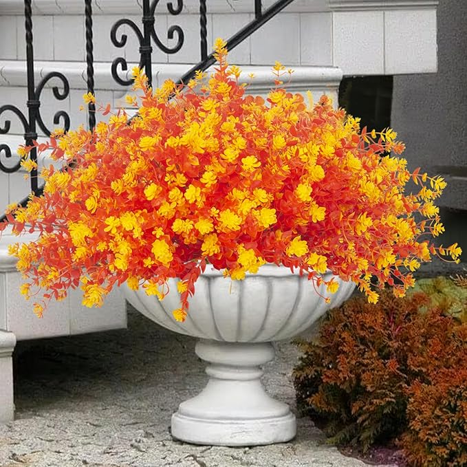 12 Bundles Artificial Fall Flowers for Outdoors, Artificial Plants UV Resistant Fall Fake Mums Plants for Outside Halloween Christmas Porch Decoration ecorations (Fall Orange)