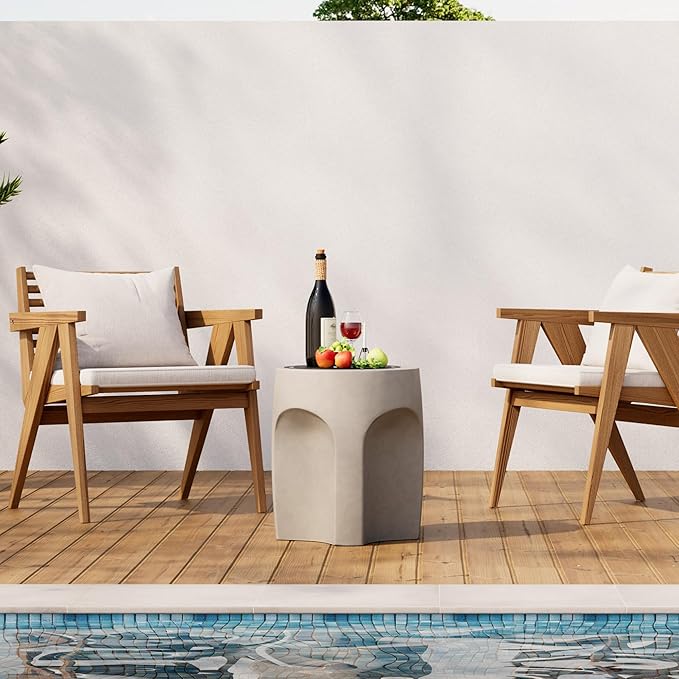 HOMPUS Outdoor Side Table w Arch Shape, Unique Patio End Table, Round MgO Lightweight Concrete Accent Table, Modern Vintage Garden Plant Stand for Indoor Use, Grey