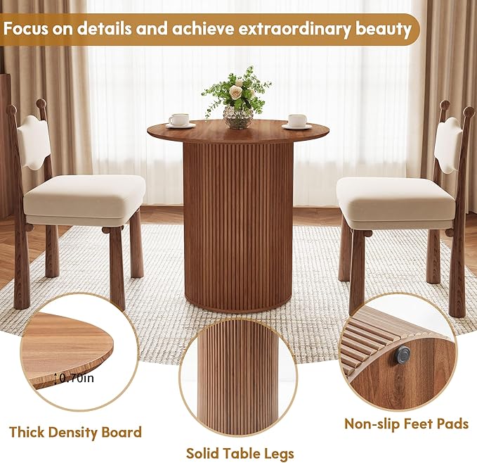 AVZEAR 31.5" Round Dining Table for 2 People, Small Kitchen Dinner Table with Fluted Wood Base, Farmhouse Circle Dining Tables for Home, Kitchen, Dining Room, Living Room (Walnut)