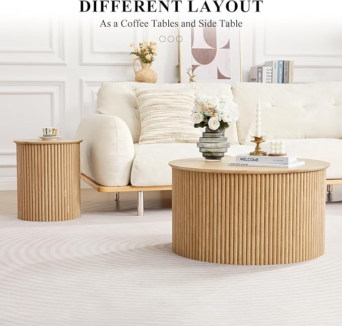 Fluted Round Nesting Coffee Table Set of 2, Mid Century Modern Wood Coffee Table and End Table Set, Minimalist Center Tables Circle Side Table for Living Room, Office(Natural)