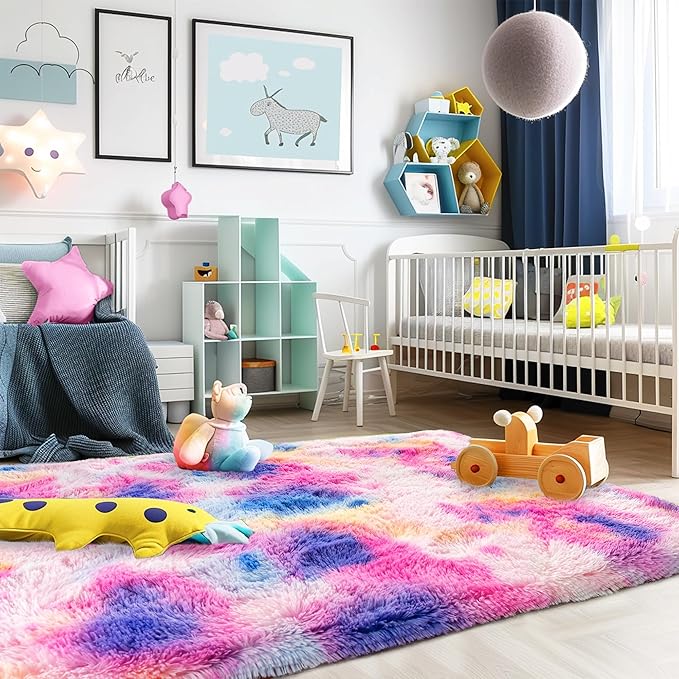 Ultra Fluffy Rug for Living Room Bedroom, 5x7 Fuzzy Large Area Rug for Living Room, Plush Soft Shag Carpet for Girl Boy Kids, Non Slip Rug Modern Indoor Home Decor Aesthetic, Dark Rainbow
