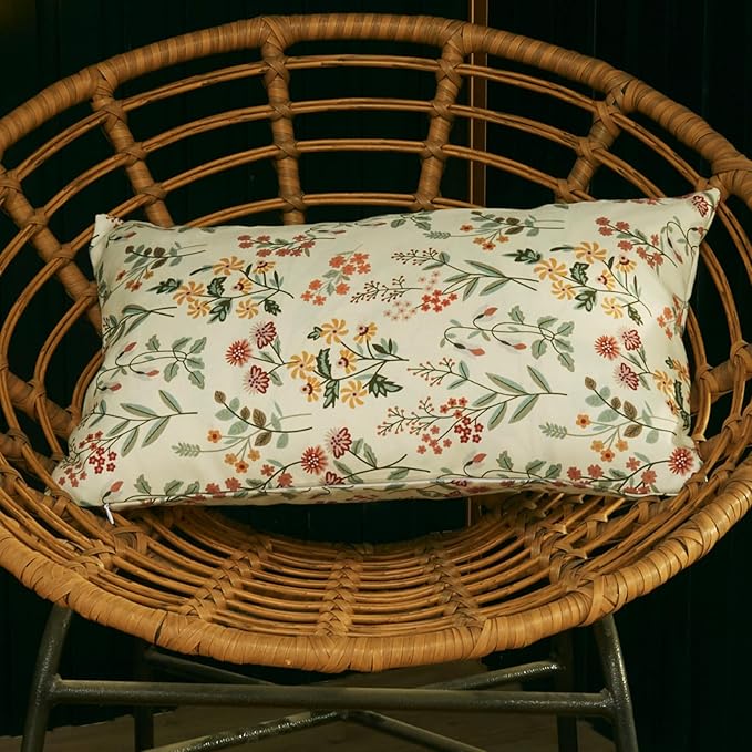 Floral Outdoor Lumbar Pillows Waterproof 12x20 for Patio Furniture Set of 2 Beige Cream Decorative Pillow Covers for Couch Porch Chair Bench Reversable Country Rustic Farmhouse Pillow Cases