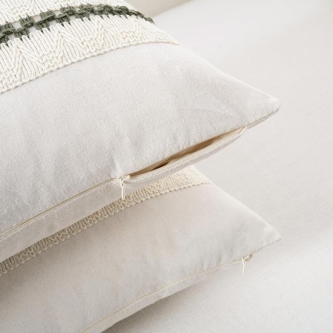 Fancy Homi Set of 2 Boho Olive Green Decorative Throw Pillow Cover 18x18 Inch for Couch Bed Sofa, Aesthetic Modern Organic Farmhouse Home Decor, Soft Cotton Cute Accent Macrame Woven Cushion Case