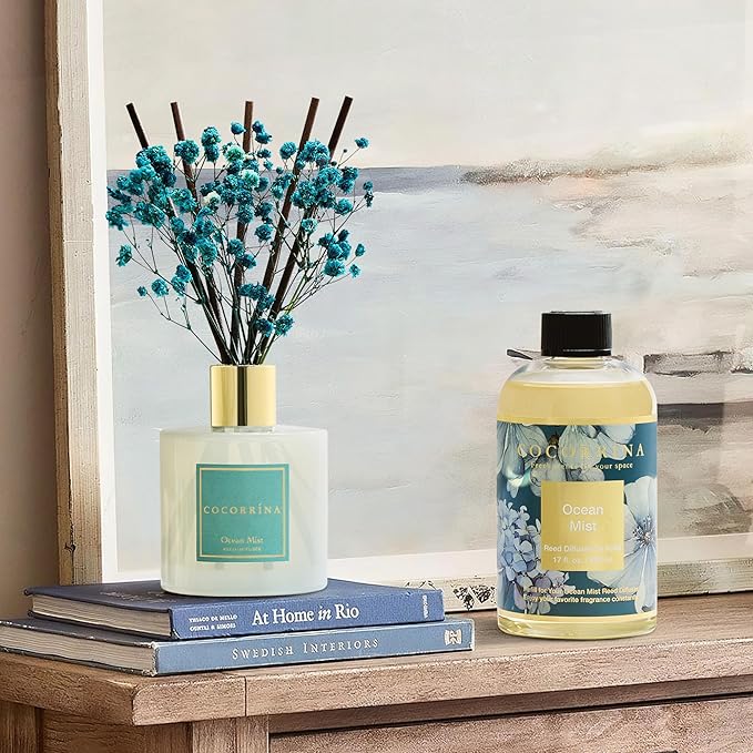 Cocorrína Reed Diffuser Refill Ocean Mist 17oz (500ml) with 8 Sticks - Premium Long-Lasting Scented Oil, Home Fragrance for Bedroom, Bathroom Home Decor