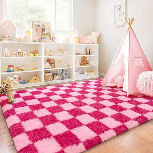 Checkered Rugs for Bedroom, Ultra Fluffy Fuzzy Shag Area Rug for Living Room 5x7, Modern Plush Soft Upgrade Non-Slip Carpet for Girls and Kids Room Dorm Nursery Home Decor, Pink and Hot Pink
