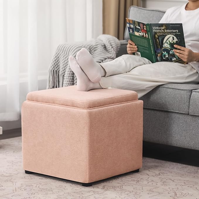 Adeco 17" Pink Storage Ottoman Cube with Tray Lid, Small Footstool with Storage, Square End Table for Living Room & Bedroom (Pink with Tray)