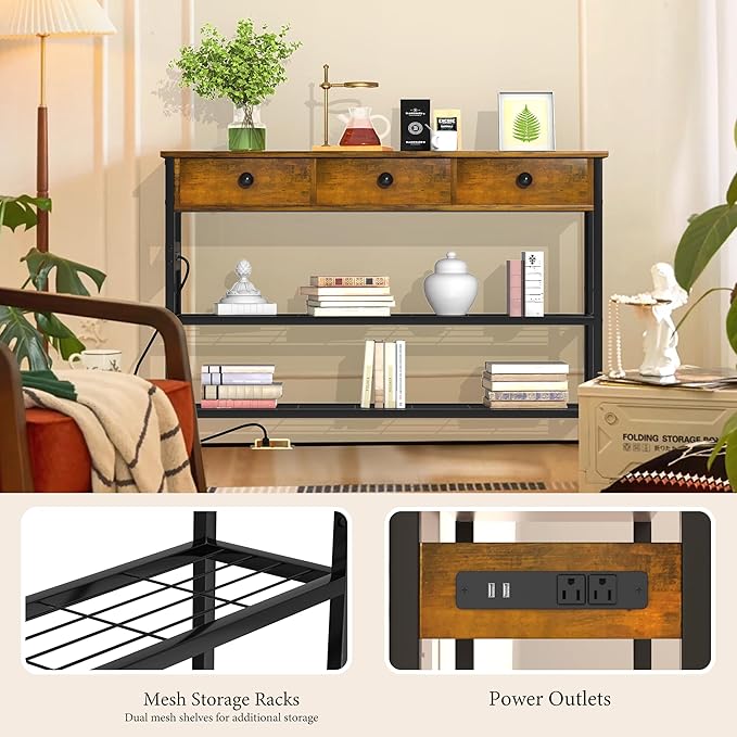 GRLEAF 47" Console Table with Outlets & USB Ports – Narrow Entryway Table with 3 Drawers and Storage Shelves, Power Strip Sofa Table for Living Room, Hallway, Kitchen, Foyer – Rustic Brown Wood Finish