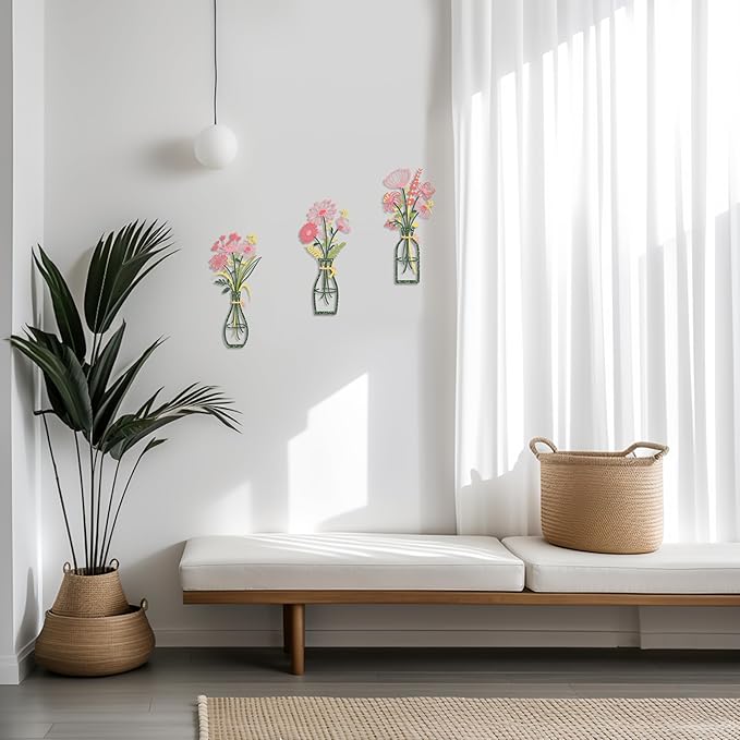 Iron Metal Vase Flower Wall Art Set of 3 - Minimalist Black Floral Decor for Living Room Bedroom Kitchen, Office Garden - Modern Farmhouse Home Decor & Housewarming Gifts (Green-Pink)