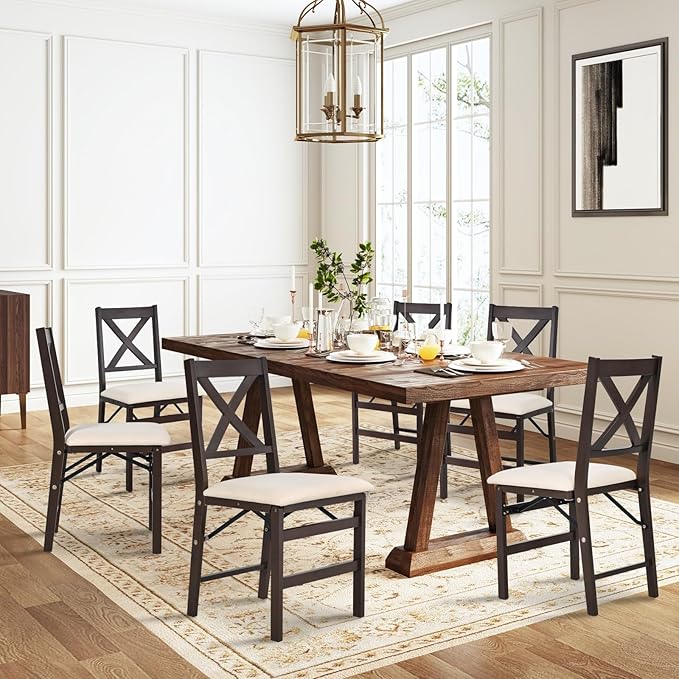 COLAMY Folding Dining Chairs Set of 6, Foldable Chairs with Padded Seats, Wood Folding Dining Room Chairs for Dinner, Kitchen, Party, Camping, Beige