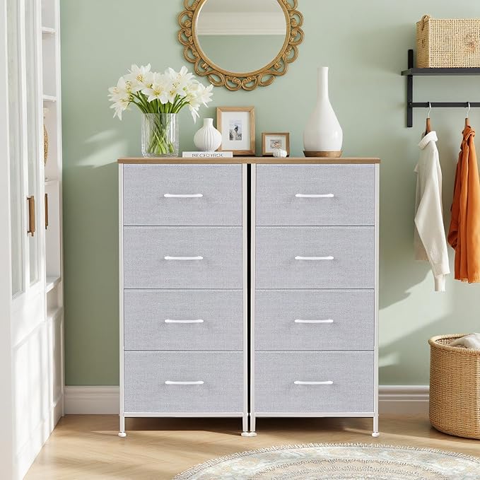 Nightstand, 4 Drawer Dresser End Table Bedside Furniture with Wooden Top Steel Frame Fabric Bins for Bedroom, Closet, Entryway, Dorm, Living Room, Light Gray