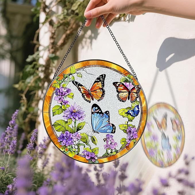 Stained Glass Window Hanging, 8 Inch Sun Catchers Indoor Window, Butterfly Suncatchers for Windows Doors Home Decoration and Christmas, Festival, Mother's Day, Birthday, Gifts for Women, Mom, Grandma