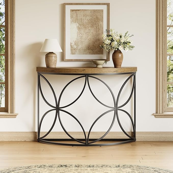 Little Tree 43.3-Inch Console Table with Floral Design, Small Sofa Table Behind Couch, Foyer Table for Living Room (Vintage Brown + Black)