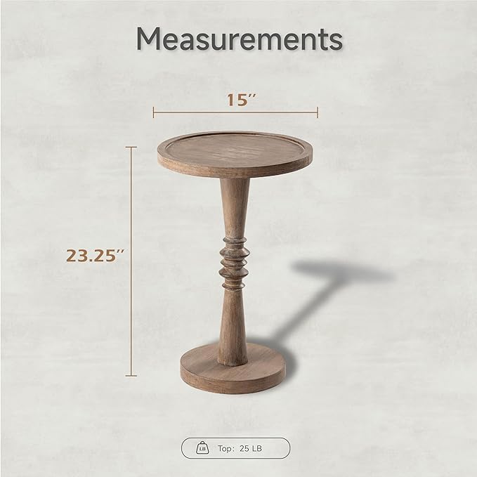 Pedestal Small Drinking Table, Farmhouse Tray Top End Table, Distressed Finish, Wood Color