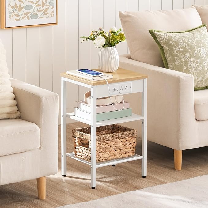 HOOBRO Side Table with Charging Station and USB Ports, Small End Table for Small Space, 3-Tier Nightstand with Adjustable Shelf, for Living Room, Bedroom and Balcony, Natural and White WN112BZ01