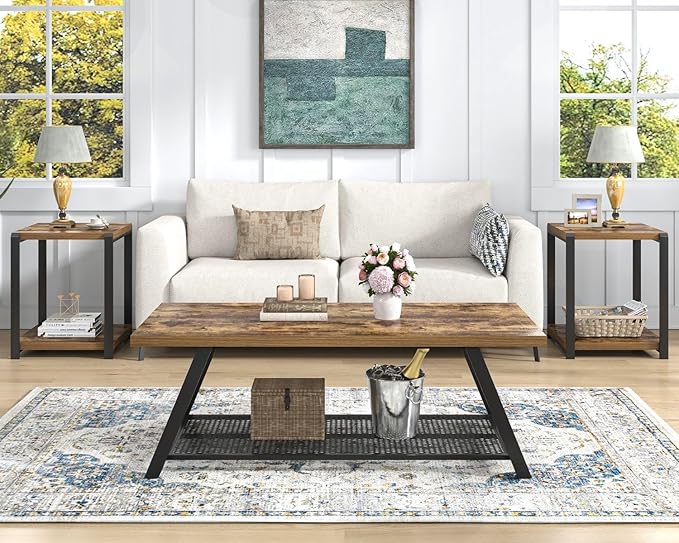 FOLUBAN 47 Inch Coffee Table, Industrial Wood and Metal Living Room Table with Storage Shelf, Rectangle Center Table, Rustic Brown