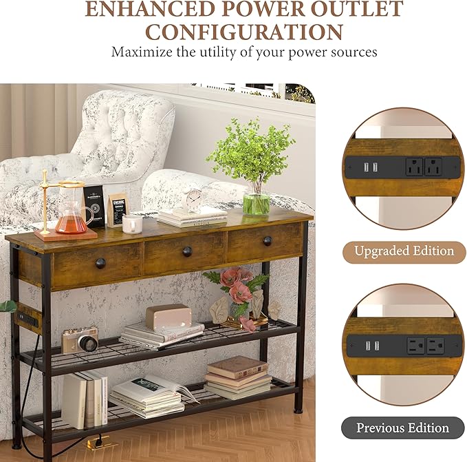 GRLEAF 47" Console Table with Outlets & USB Ports – Narrow Entryway Table with 3 Drawers and Storage Shelves, Power Strip Sofa Table for Living Room, Hallway, Kitchen, Foyer – Rustic Brown Wood Finish
