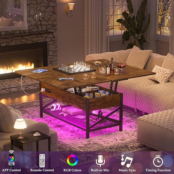 Aheaplus Coffee Table Lift Top with LED Light and Power Outlet, Multi-Function Coffee Table Converts to Dining Table, Center Table with Shelves for Living Room Reception Home Office, Rustic Brown