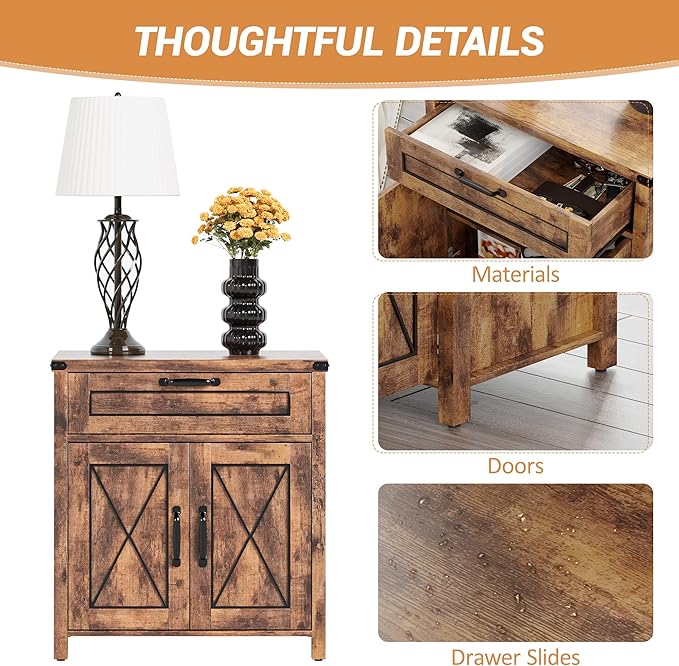 Maupvit End Table, Farmhouse End Table Narrow Side Table for Living Room, Sofa Side Table with Drawer and Storage Cabinet, Small Nightstand for Bedroom (Retro-Fire 2)