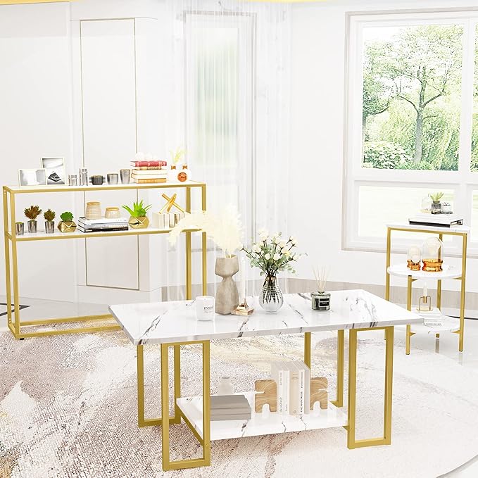 AWQM 3 Pieces Modern Coffee Set, with End Table and Console Table, Contemporary Faux Marble Living Room Table Sets, White&Gold
