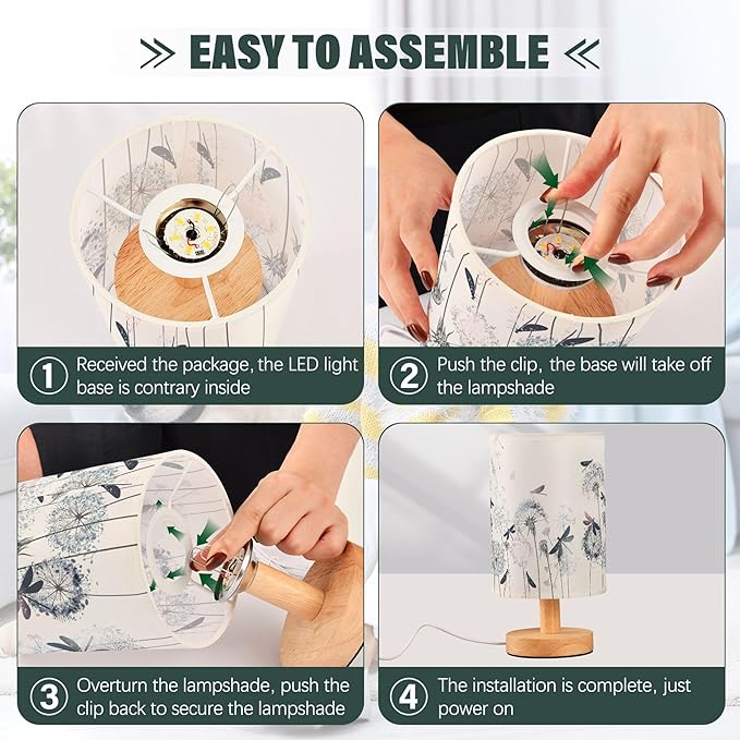 Table Lamp Elegant Dandelion Dragonfly Nightstand Lamp with Wood Base Fabric Lamp Shade Bedside Desk Lamp for Living Room Bedroom Kids Room Office