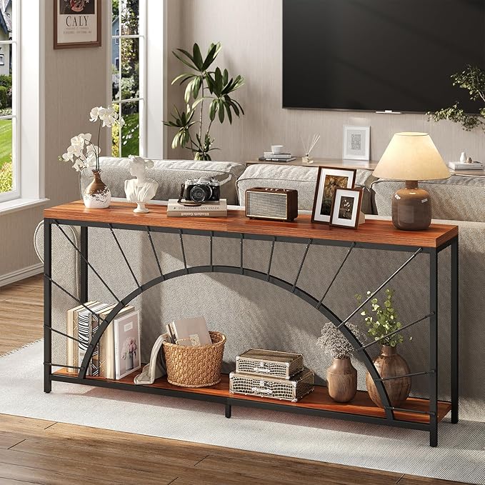 70.9 Inch Console Table, Extra Long Industrial Sofa Tables, 2-Tier Behind Couch Table, Foyer Tables for Entryway, Hallway, Living Room, Unique Design