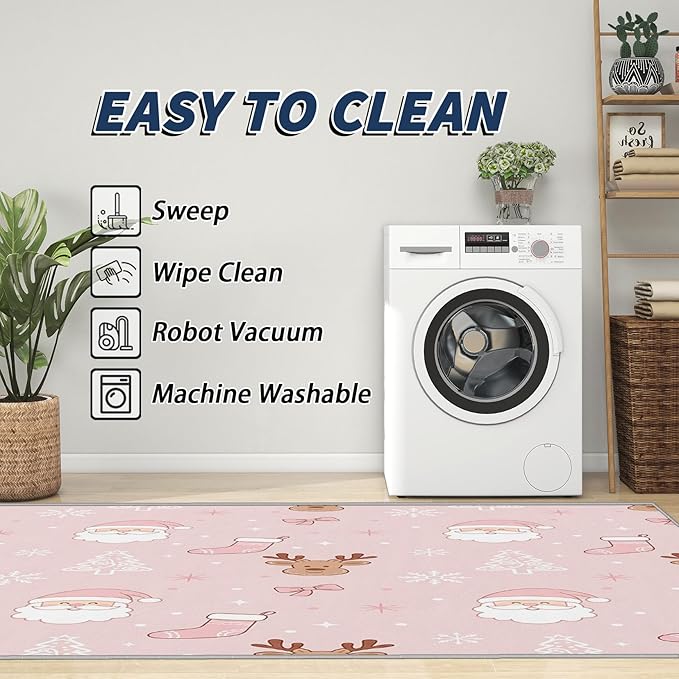 Pink Christmas Rug for Bedroom - 6x8 Rug, Santa Claus Living Room Rugs, Cartoon Xmas Bedroom Rugs, Reindeer Christmas Stocking Carpet, Xmas Tree Home Decor & Gifts