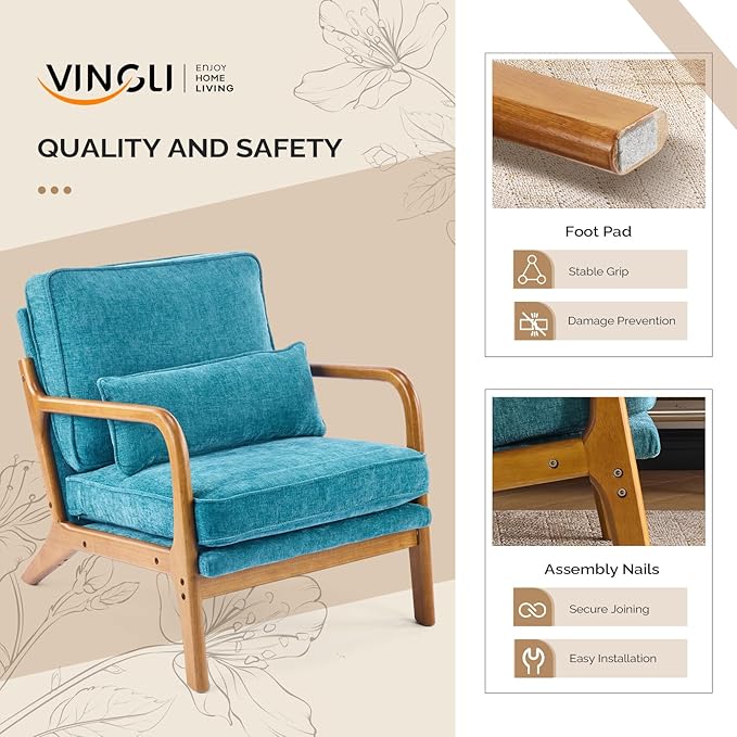 VINGLI Chenille Mid-Century Modern Accent Chair, Cute Reading Arm Chair with Cushion & Lumbar Pillow & Solid Wood Frame for Lounge, Living Room, Reading Room, Bedroom, Turquoise