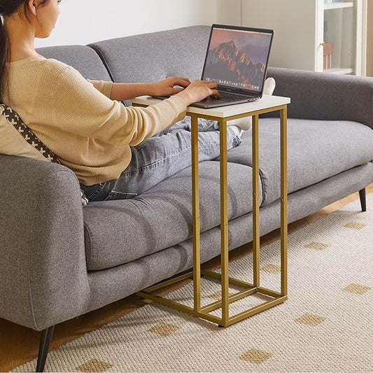 Small Side Tables C Shaped, End Table, Small Table Stand for Living Room Bedroom, Little Bedside Table 16x12x25 inch White+Gold YD-TM051WG-2