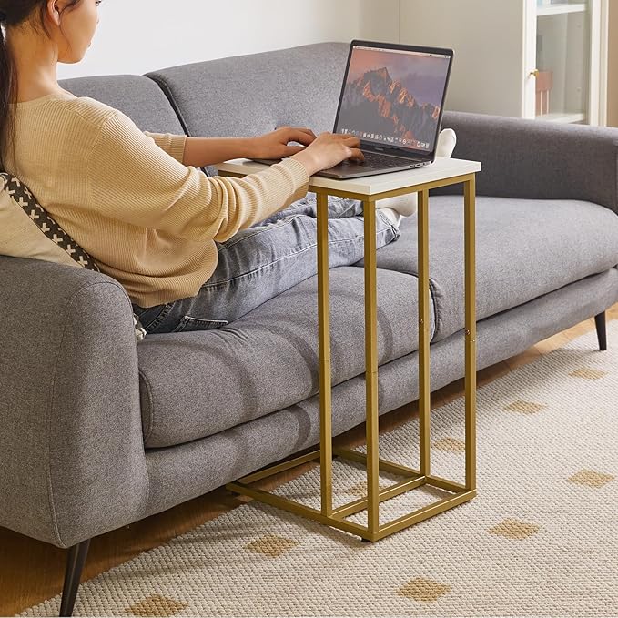 Small Side Tables C Shaped, End Table, Small Table Stand for Living Room Bedroom, Little Bedside Table 16x12x25 inch White+Gold YD-TM051WG