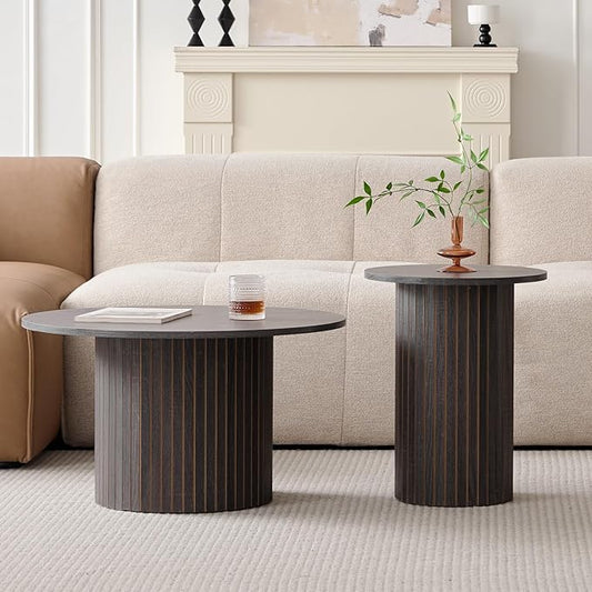 Round Nesting Coffee Tables Set of 2 -φ27.6 Large Short + φ15.8 Small Tall Boho Circle Side Tables with Fluted Drum Design, Black