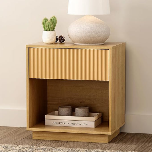 Fluted End Table with Drawer, Modern Wooden Nightstand Bed Side Table with Storage Shelf Bedside Night Stand for Bedroom Living Room Sofa, Natural Oak