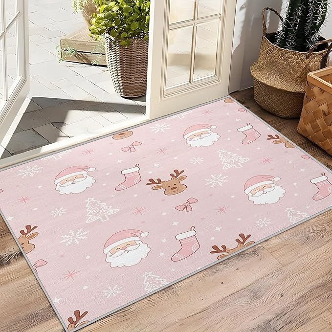 Pink Christmas Rug for Bedroom - 5x8 Rug, Santa Claus Living Room Rugs, Cartoon Xmas Bedroom Rugs, Reindeer Christmas Stocking Carpet, Xmas Tree Home Decor & Gifts