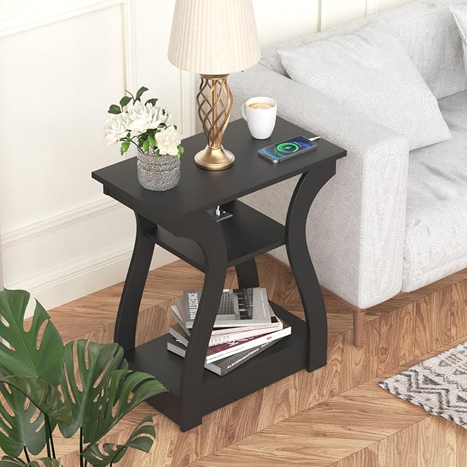 End Table with Charging Station, Side Table with USB Ports and Outlets, 3 Tier Nightstand Sofa Table for Small Spaces, Beside Table with Storage Shelf for Living Room, Bedroom