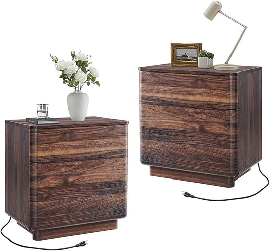 ACCOHOHO 22" Modern Nightstand Set of 2 with Charging Station, Push-to-Open Handleless 3-Drawer Bedside Table, Large End Table with Storage, Night Stand for Bedroom, Living Room, Curved Profile, Brown